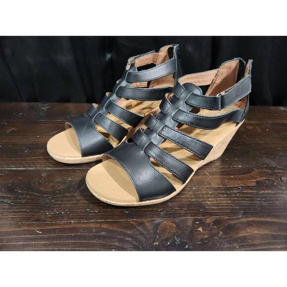 Rockport Briah Black Leather Gladiator Cork Wedge Sandal/Sz. 7.5 NWOB - Picture 1 of 10